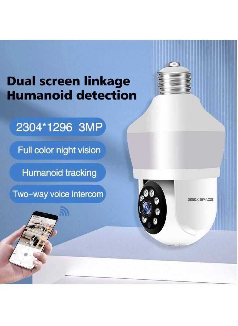 GEEK SPACE 3MP WIFI Dual lens Bulb Camera, CM-D211EM, Full Color Night Vision, 2 Way Audio, Motion Detection, Motion Tracking, PTZ Control, 24/7 Recording