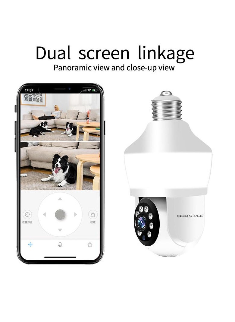 GEEK SPACE 3MP WIFI Dual lens Bulb Camera, CM-D211EM, Full Color Night Vision, 2 Way Audio, Motion Detection, Motion Tracking, PTZ Control, 24/7 Recording