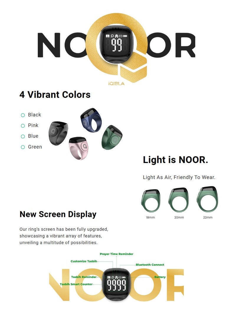Zikr Ring Noor | 18MM Prayer Ring, Tasbih Counter & Islamic Reminder | Waterproof Wearable Technology | Black