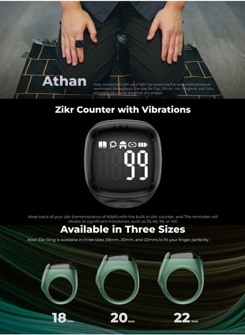 Zikr Ring Noor | 18MM Prayer Ring, Tasbih Counter & Islamic Reminder | Waterproof Wearable Technology | Black