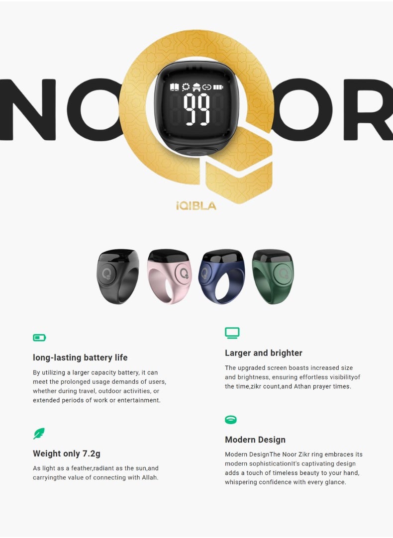 Zikr Ring Noor | 18MM Prayer Ring, Tasbih Counter & Islamic Reminder | Waterproof Wearable Technology | Black