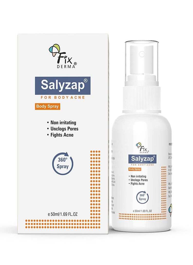 Fixderma 2% Salicylic Acid Salyzap Body Acne Spray For Acne on Back, Shoulders, Neck & Chest to improve Breakouts & Uneven skin texture for Women & Men - 50ml