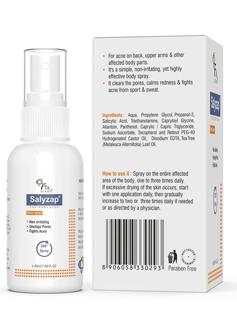 Fixderma 2% Salicylic Acid Salyzap Body Acne Spray For Acne on Back, Shoulders, Neck & Chest to improve Breakouts & Uneven skin texture for Women & Men - 50ml