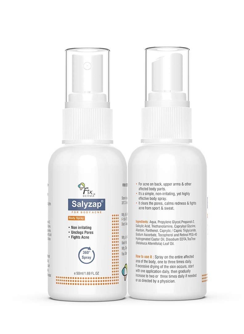 Fixderma 2% Salicylic Acid Salyzap Body Acne Spray For Acne on Back, Shoulders, Neck & Chest to improve Breakouts & Uneven skin texture for Women & Men - 50ml