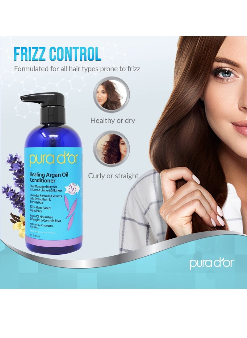 PURA D'OR 16 Oz Healing Argan Oil Conditioner For Dry, Damaged, Frizzy Hair, w/Aloe Vera, Lavender, Vanilla, Coconut, Retinol & Vitamin E, No Sulfates, All Hair Types, Men Women