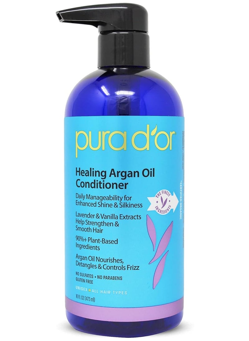 PURA D'OR 16 Oz Healing Argan Oil Conditioner For Dry, Damaged, Frizzy Hair, w/Aloe Vera, Lavender, Vanilla, Coconut, Retinol & Vitamin E, No Sulfates, All Hair Types, Men Women