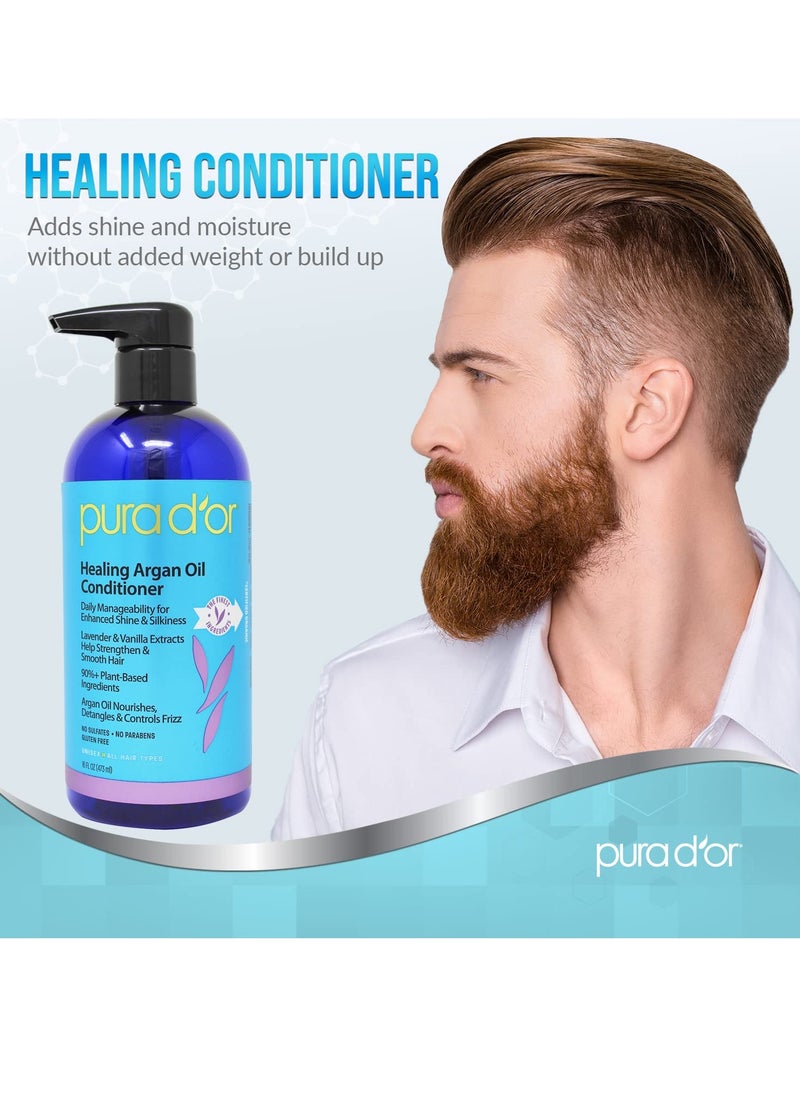 PURA D'OR 16 Oz Healing Argan Oil Conditioner For Dry, Damaged, Frizzy Hair, w/Aloe Vera, Lavender, Vanilla, Coconut, Retinol & Vitamin E, No Sulfates, All Hair Types, Men Women