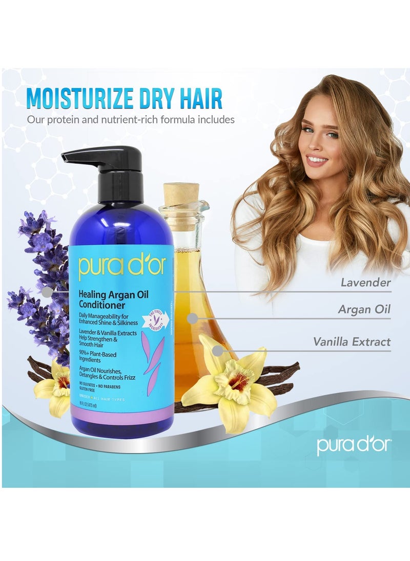 PURA D'OR 16 Oz Healing Argan Oil Conditioner For Dry, Damaged, Frizzy Hair, w/Aloe Vera, Lavender, Vanilla, Coconut, Retinol & Vitamin E, No Sulfates, All Hair Types, Men Women