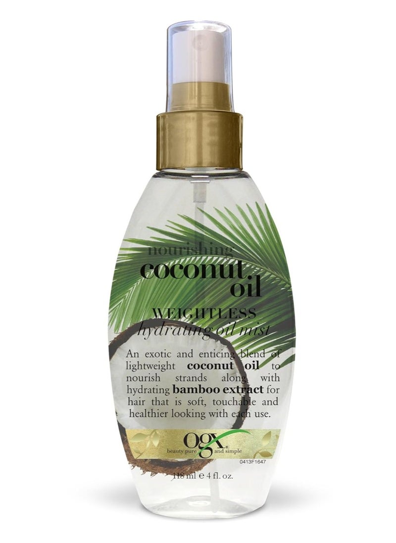 OGX Nourishing + Coconut Oil Weightless Hydrating Oil Hair Mist, Lightweight Leave-In Hair Treatment with Coconut Oil & Bamboo Extract, Paraben & Sulfate Surfactant-Free, 4 fl oz