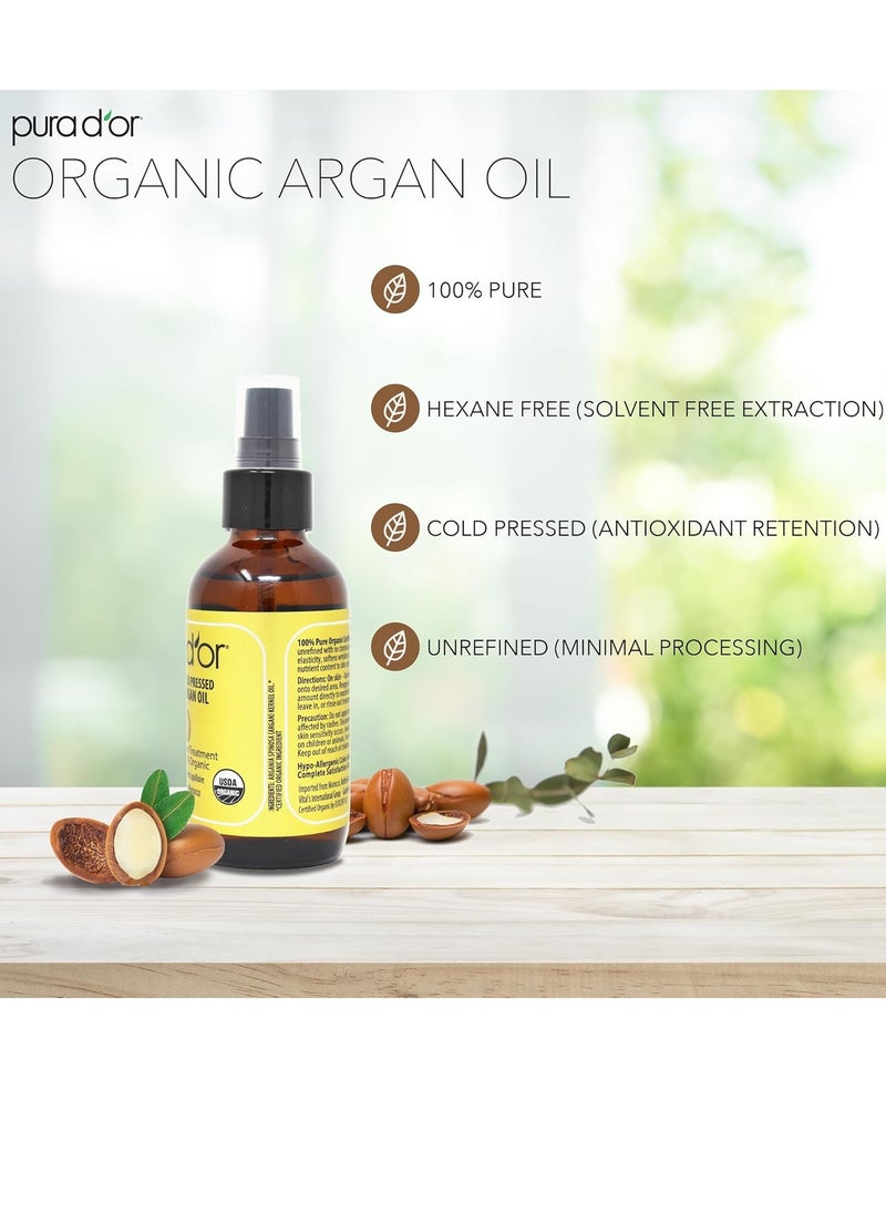PURA D'OR 4 Oz ORGANIC Moroccan Argan Oil - USDA Certified 100% Pure & Cold Pressed Virgin Premium Grade Natural Moisturizer Treatment For Dry, Damaged Skin, Hair, Face, Body & Scalp - Men & Women