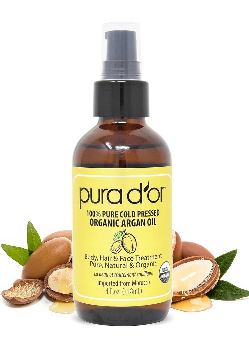 PURA D'OR 4 Oz ORGANIC Moroccan Argan Oil - USDA Certified 100% Pure & Cold Pressed Virgin Premium Grade Natural Moisturizer Treatment For Dry, Damaged Skin, Hair, Face, Body & Scalp - Men & Women