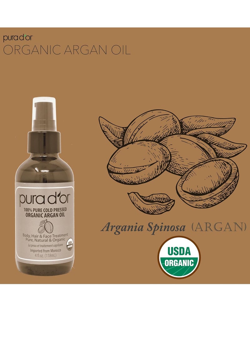 PURA D'OR 4 Oz ORGANIC Moroccan Argan Oil - USDA Certified 100% Pure & Cold Pressed Virgin Premium Grade Natural Moisturizer Treatment For Dry, Damaged Skin, Hair, Face, Body & Scalp - Men & Women
