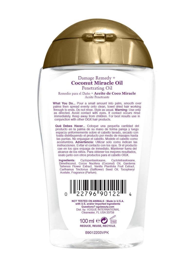 OGX Extra Strength Damage Remedy + Coconut Miracle Oil Penetrating Hair Oil Treatment, Hydrating Anti-Frizz Oil for Coarse, Dry Hair, Paraben-Free, Sulfated-Surfactants Free, 3.3 fl oz
