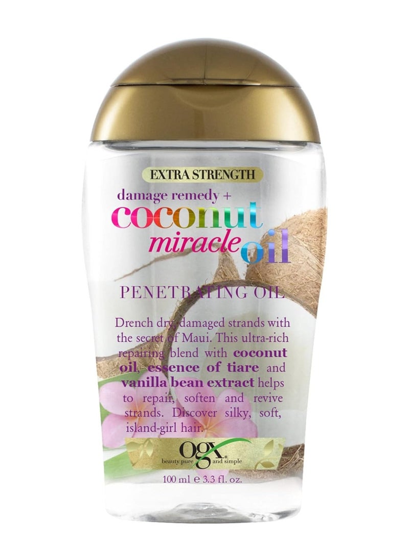 OGX Extra Strength Damage Remedy + Coconut Miracle Oil Penetrating Hair Oil Treatment, Hydrating Anti-Frizz Oil for Coarse, Dry Hair, Paraben-Free, Sulfated-Surfactants Free, 3.3 fl oz