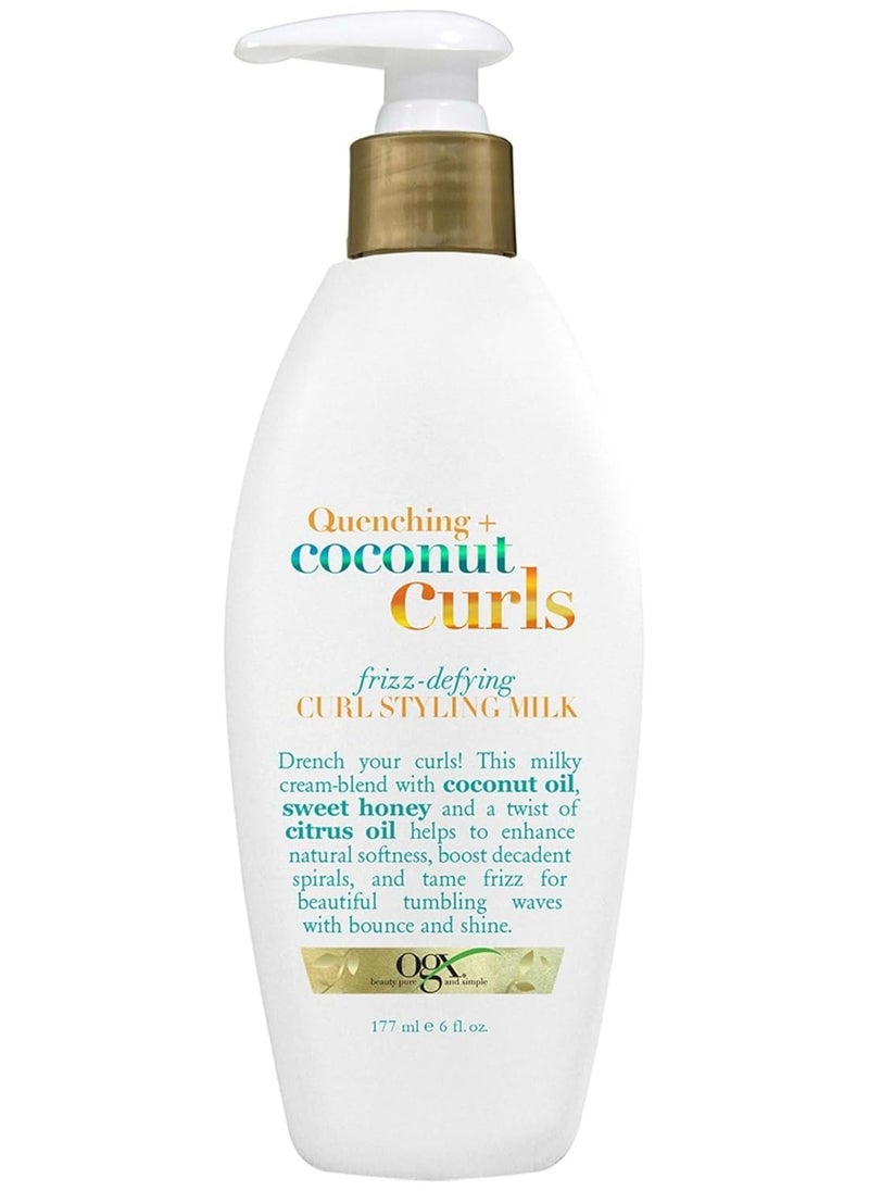 OGX Quenching + Coconut Curls Frizz-Defying Styling Milk, Nourishing Leave-In Hair Treatment with Coconut, Citrus Oil & Honey, Paraben-Free and Sulfated-Surfactants Free, 6 fl oz