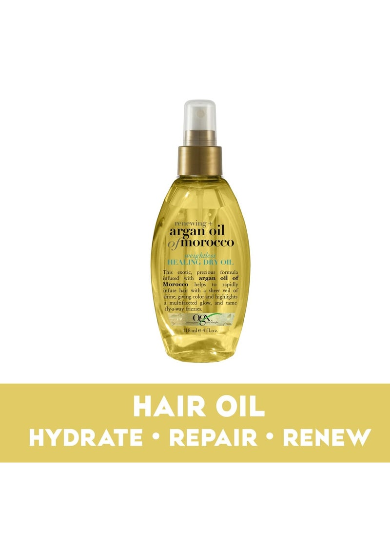 OGX Renewing + Argan Oil of Morocco Weightless Healing Dry Oil Spray, Lightweight Hair Oil Mist for Split Ends, Frizzy Hair and Flyaways, Paraben & Sulfated-Surfactants Free, 4 Fl Oz