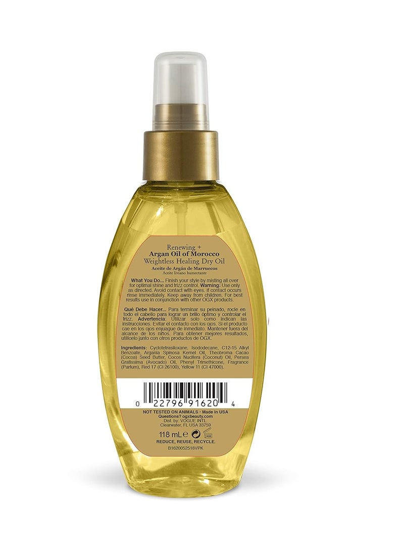 OGX Renewing + Argan Oil of Morocco Weightless Healing Dry Oil Spray, Lightweight Hair Oil Mist for Split Ends, Frizzy Hair and Flyaways, Paraben & Sulfated-Surfactants Free, 4 Fl Oz
