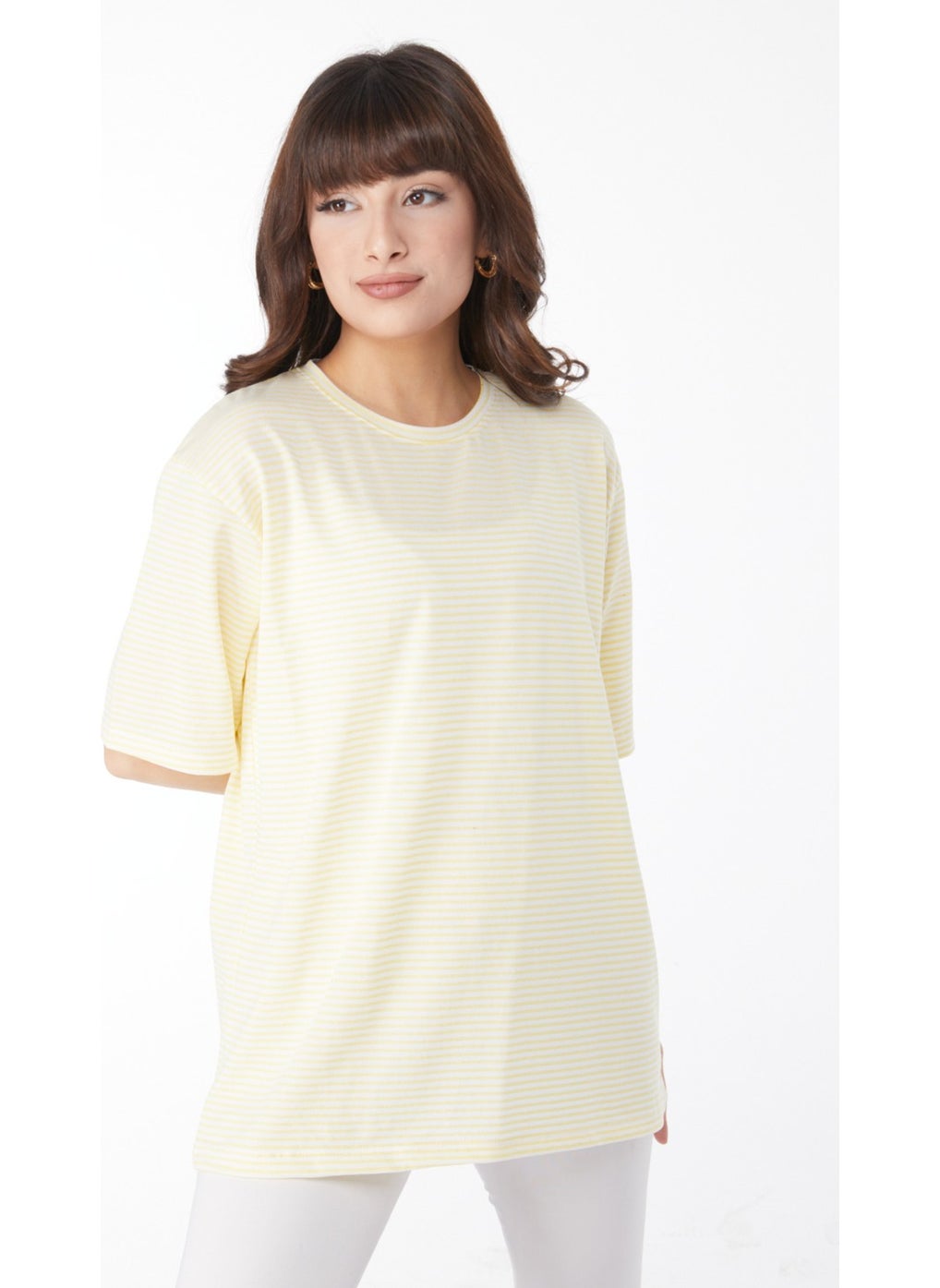 Plain Crew Neck Women's Yellow Striped T-Short - 25119