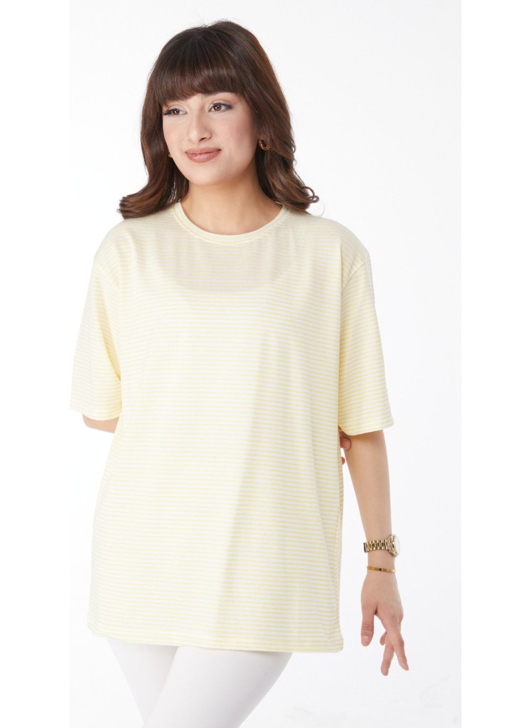 Plain Crew Neck Women's Yellow Striped T-Short - 25119