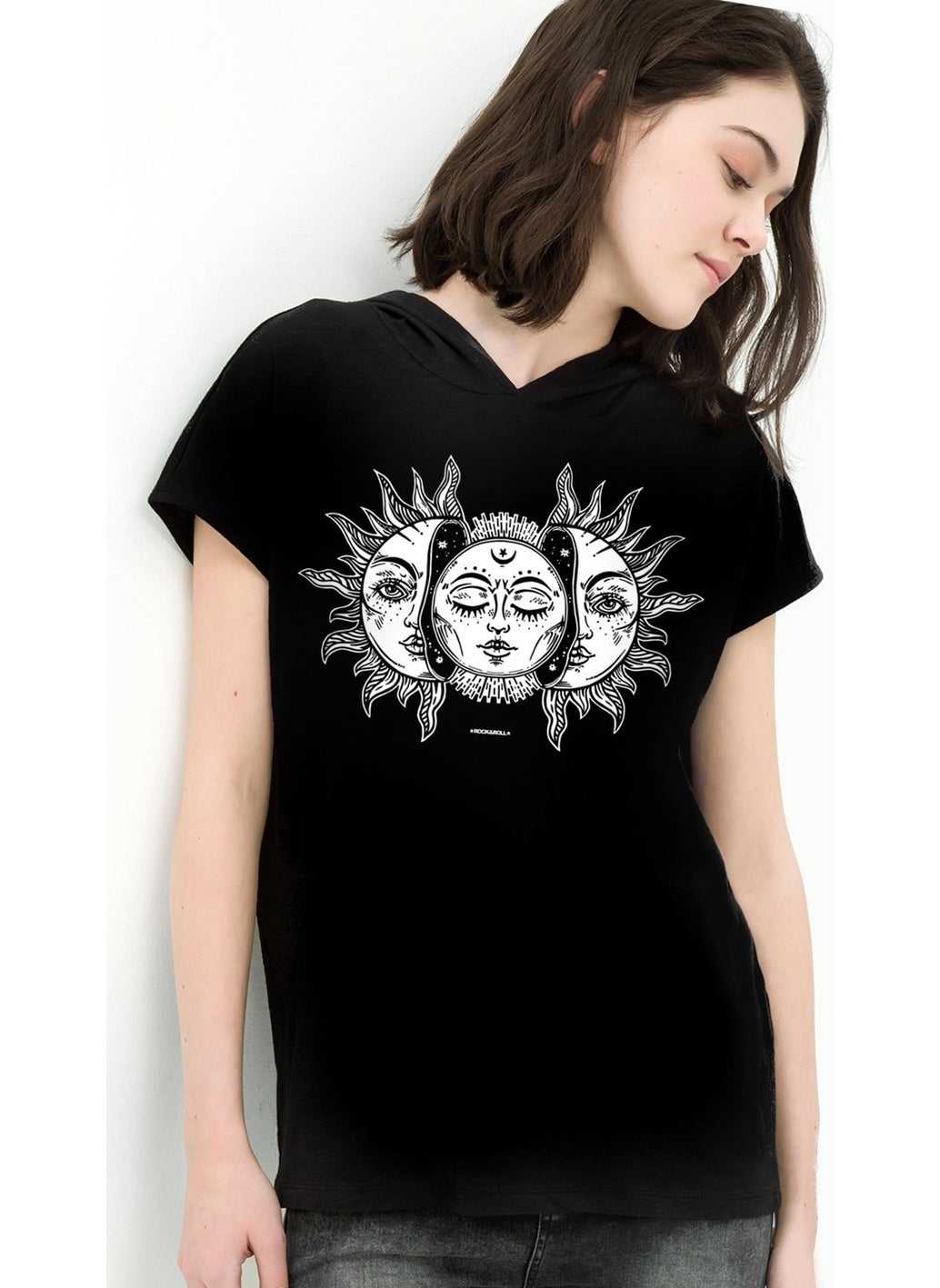 Rock & Roll Moon Sun Black Hooded Short Sleeve Women's T-Shirt