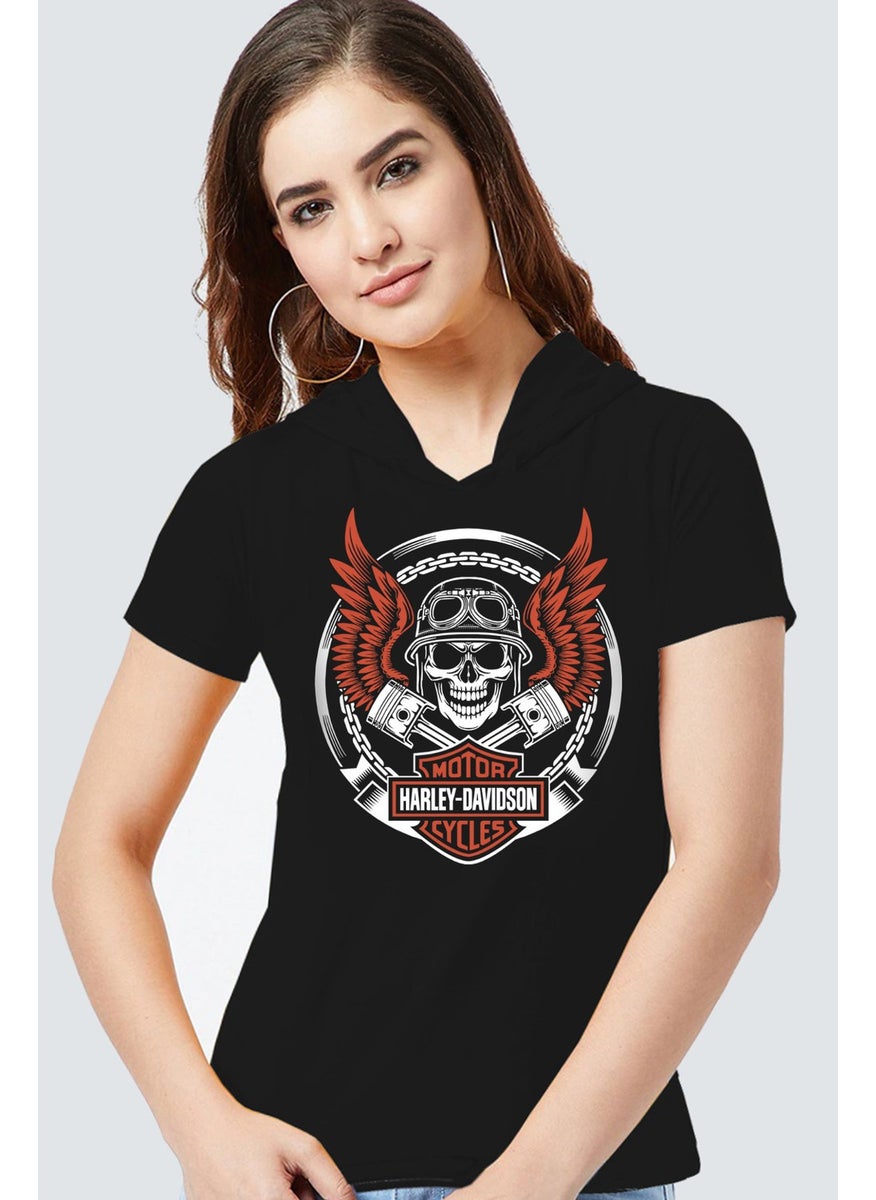 Rock & Roll Biker Skull Black Hooded Short Sleeve Women's T-Shirt