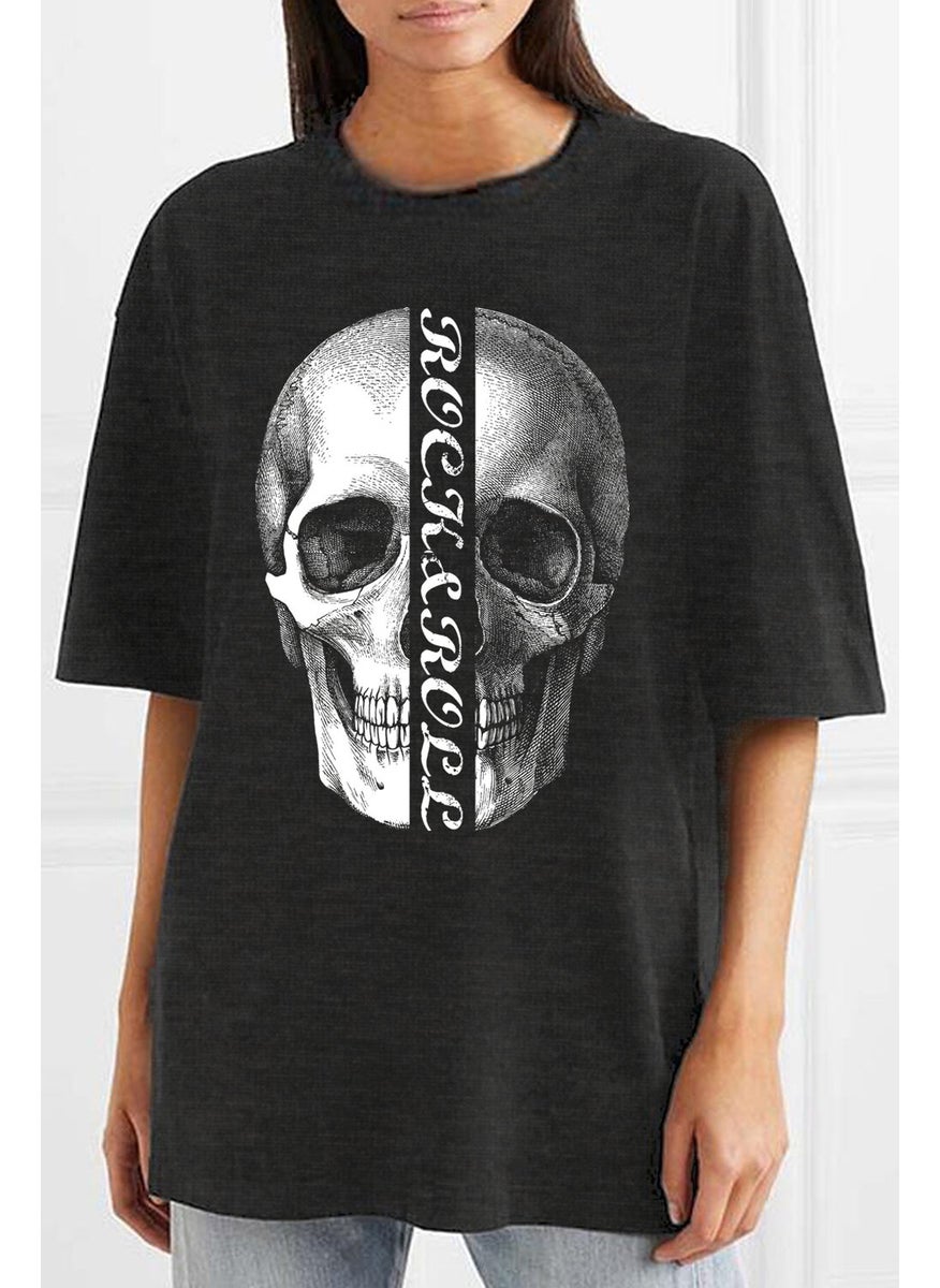 Half Skull Oversize Anthracite Short Sleeve Women's T-Shirt