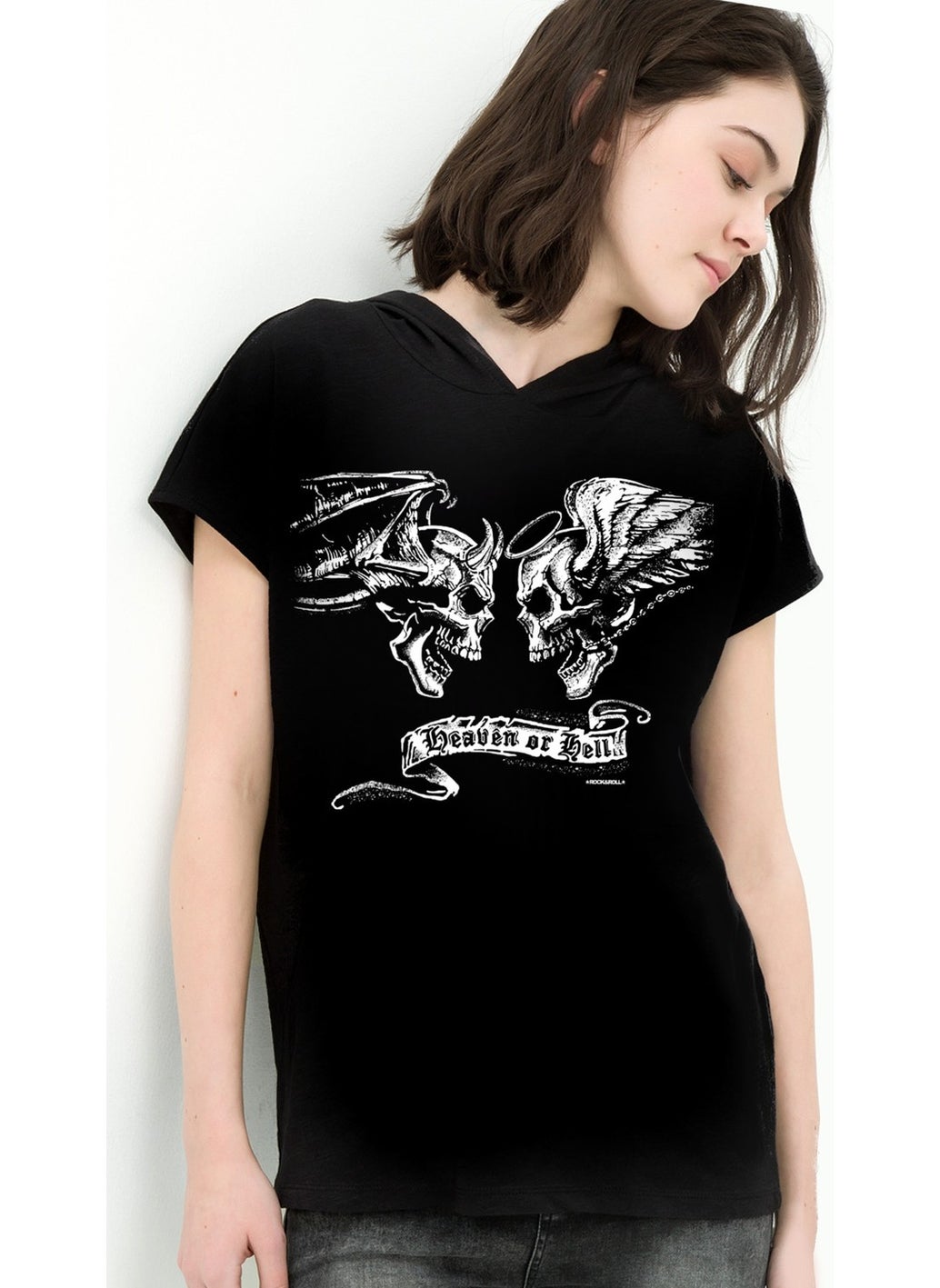 Rock & Roll Angel Devil Black Hooded Short Sleeve Women's T-Shirt