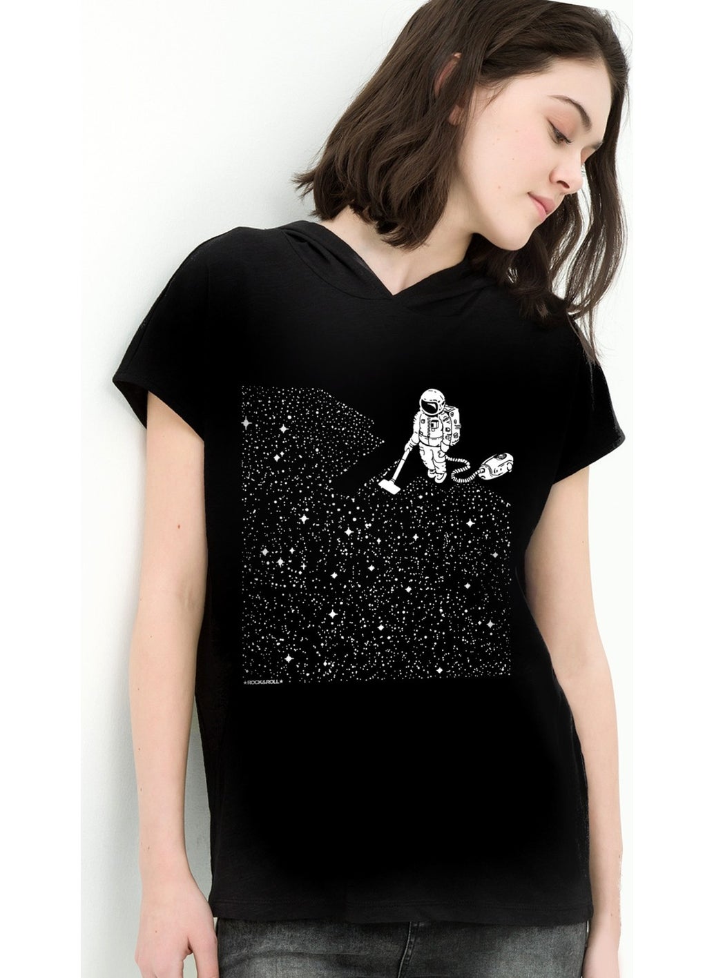 Rock & Roll Astronaut with Broom Black Hooded Short Sleeve Women's T-Shirt