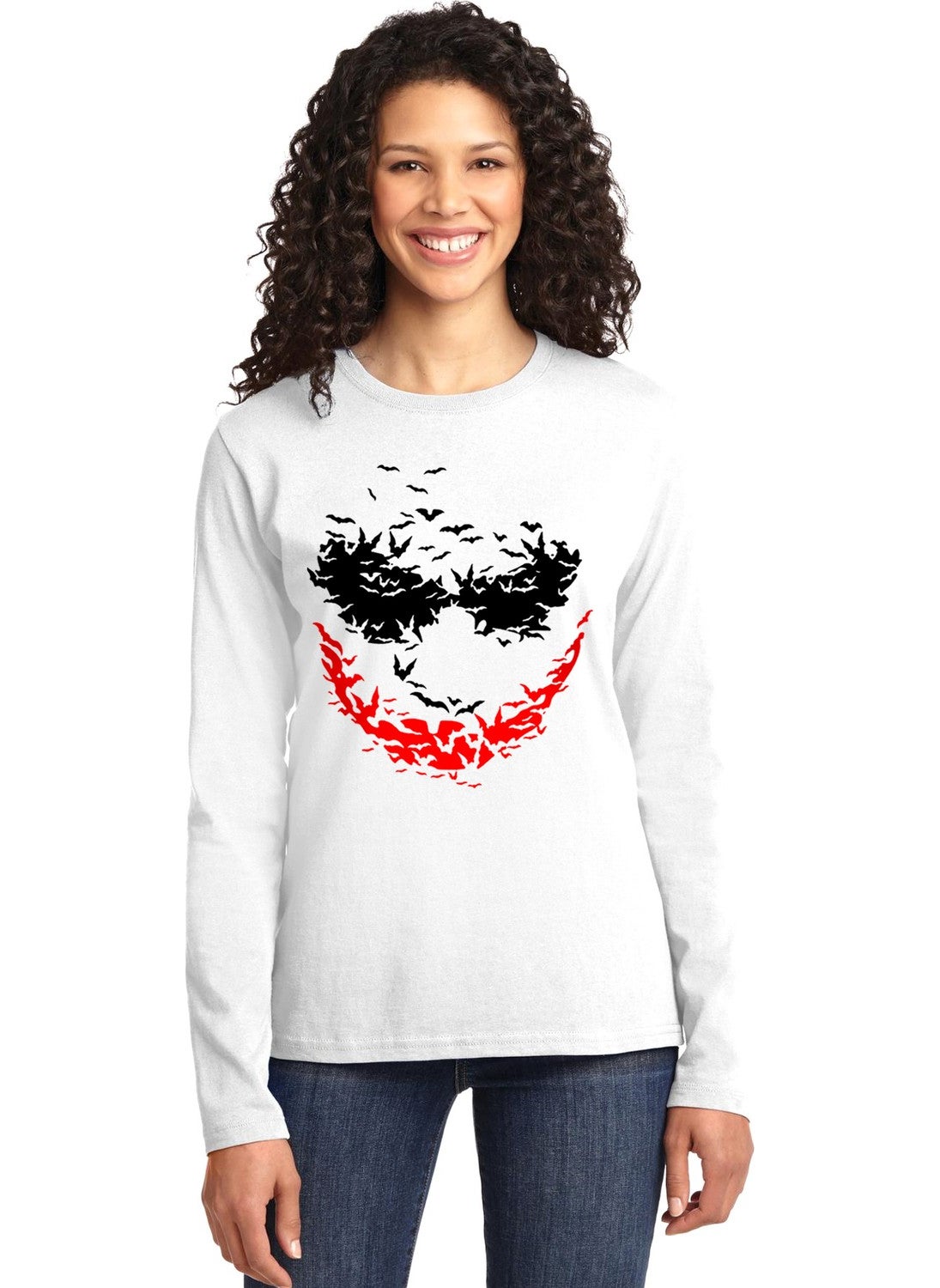 Rock & Roll Bat Laugh Crew Neck White Long Sleeve Combed Cotton Women's T-Shirt