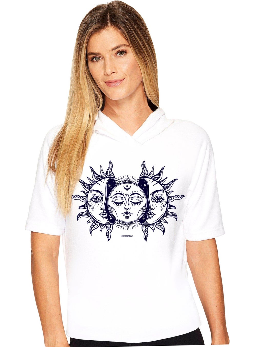 Rock & Roll Moon Sun White Hooded Short Sleeve Women's T-Shirt