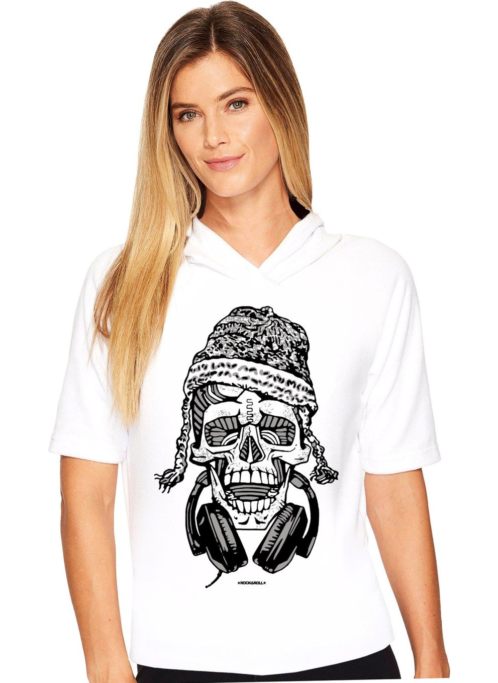 Rock & Roll Nepali Skull White Hooded Short Sleeve Women's T-Shirt