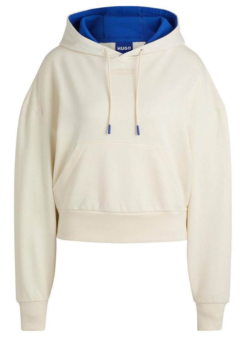 Cropped hoodie in cotton terry with blue-lined hood