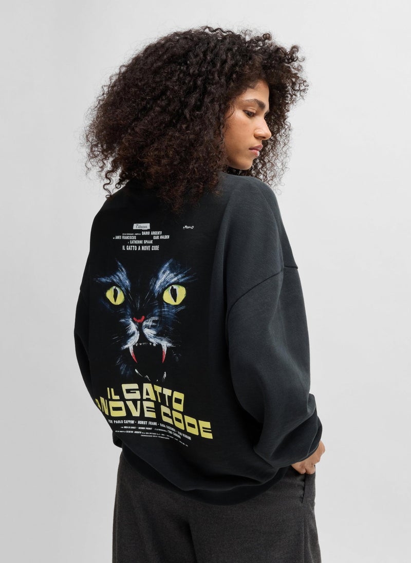 Slub cotton-terry sweatshirt with cat graphic print