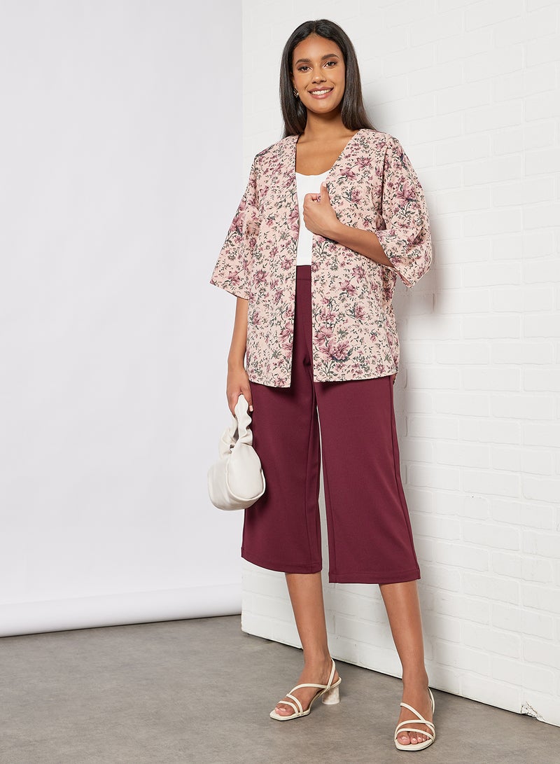 Floral Short Kimono Beige