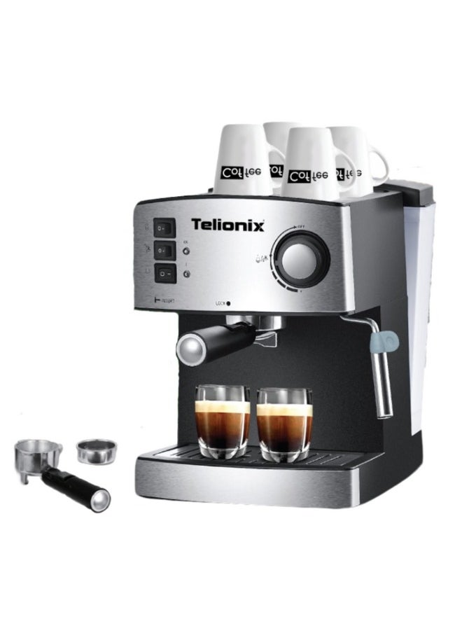 Telionix 20 Bar Espresso Maker with Italy Ulka Pump, 1200W Coffee Machine for Espresso, Cappuccino, and Steam Milk Frother, 1.6L Detachable Water Tank, Aluminum Alloy Boiler, Stylish Design