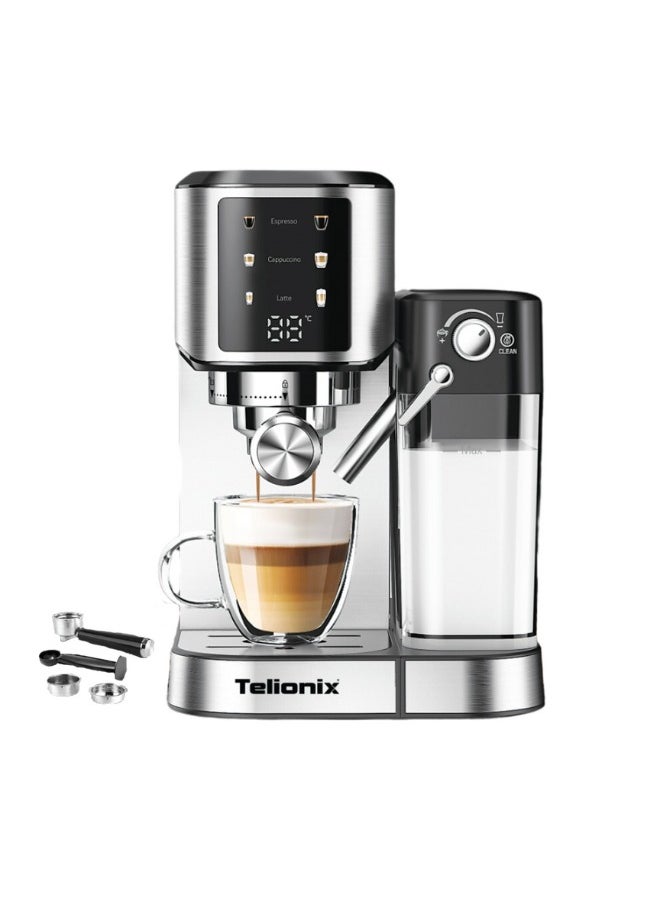 Telionix Digital Espresso Maker, 20 Bar High-Pressure ULKA Pump, 1L Detachable Water Tank, 700ml Milk Tank, Touchscreen Coffee Machine for Espresso, Cappuccino, and Latte, Stainless Steel Design