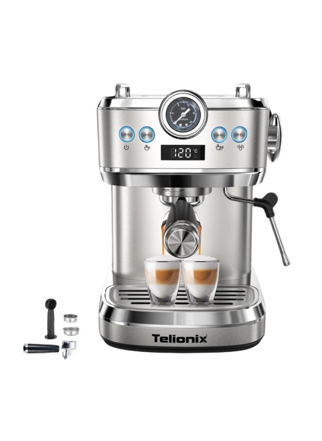 Telionix Digital Espresso Maker 20 Bar, Stainless Steel Coffee Machine with Thermoblock Heating, Milk Frother, 1.2L Water Tank, Double Cup Brewing, Espresso & Cappuccino Maker