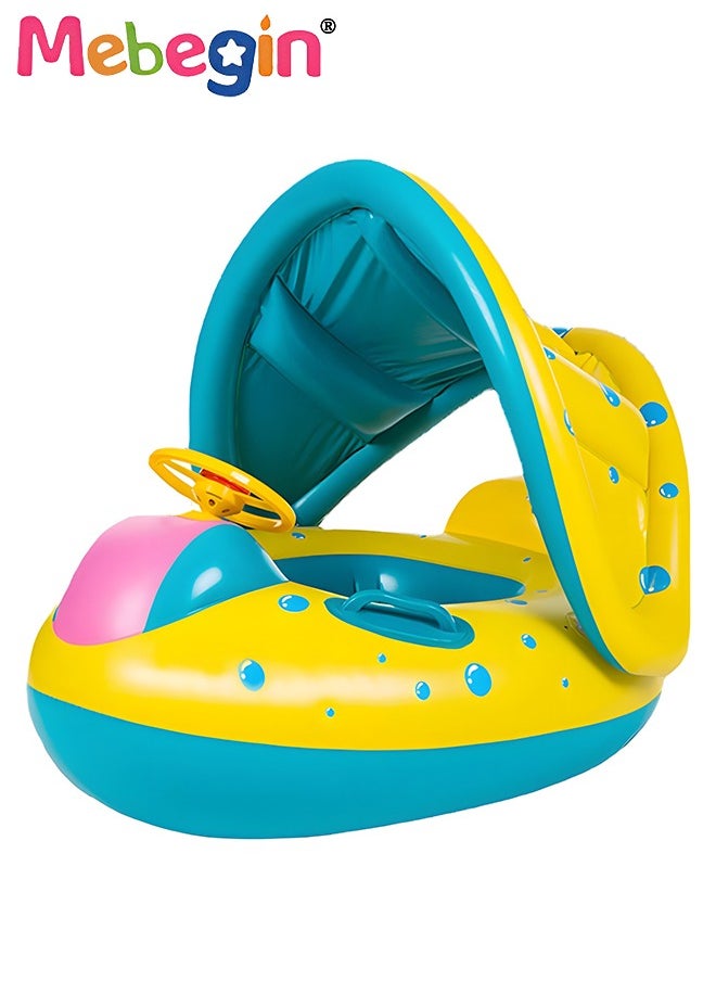 Swimming Float with Sun Canopy and Steering Wheel, Inflatable Pool Float, Creative Float with Safety Seat, Comfortable Durable Floaty, Fun Water Toys for Kids, Suitable for Family Swimming Pools, Ou