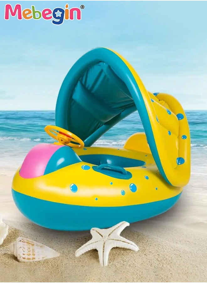 Swimming Float with Sun Canopy and Steering Wheel, Inflatable Pool Float, Creative Float with Safety Seat, Comfortable Durable Floaty, Fun Water Toys for Kids, Suitable for Family Swimming Pools, Ou