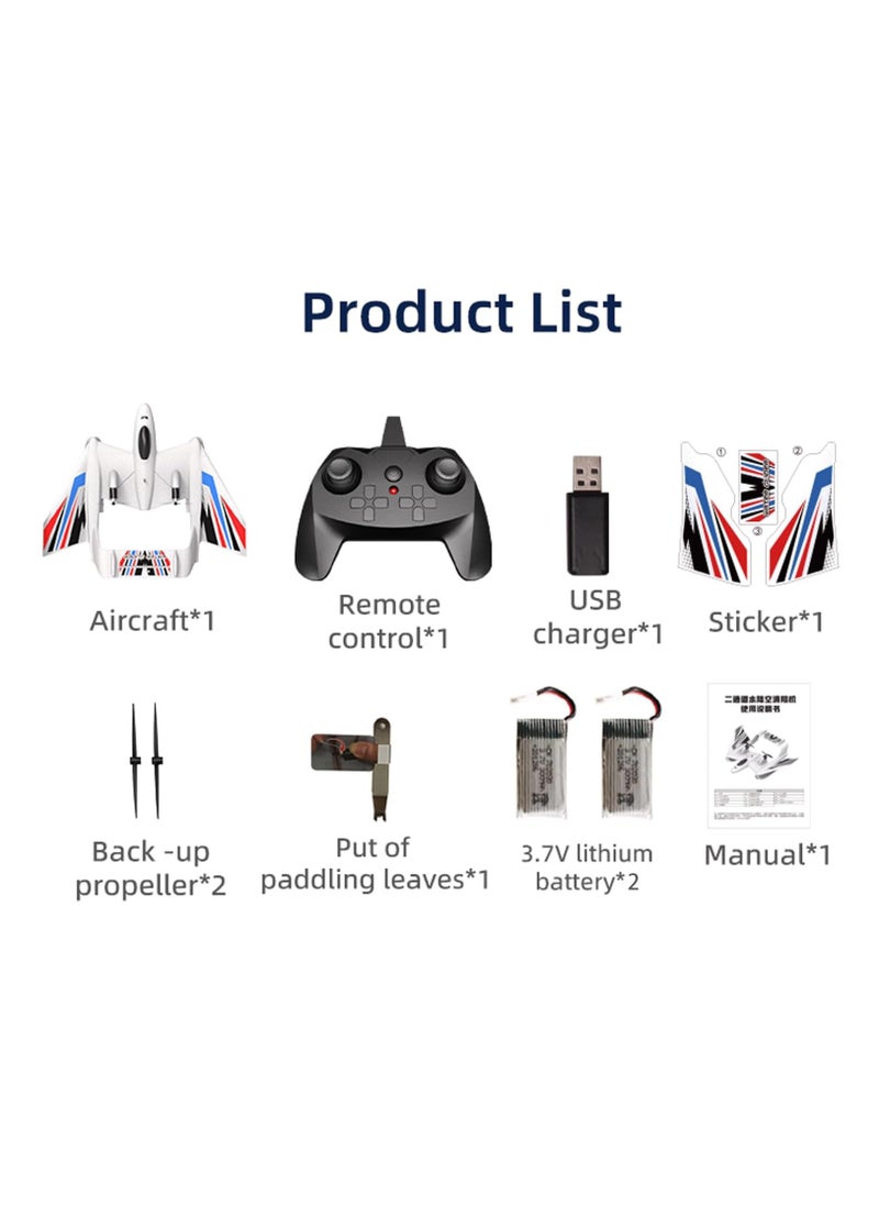 RC Plane, Remote Control Airplane, 3 in 1 Water Land Air RC Airplane, 2.4GHz 2CH RC Aircraft, RC Glider with Gyroscope and Stunt Flying, RC Plane Toy Gift for Kids & Adults, for Beginners, 2 Batteries