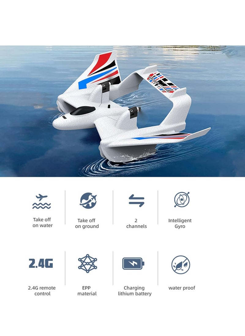 RC Plane, Remote Control Airplane, 3 in 1 Water Land Air RC Airplane, 2.4GHz 2CH RC Aircraft, RC Glider with Gyroscope and Stunt Flying, RC Plane Toy Gift for Kids & Adults, for Beginners, 2 Batteries