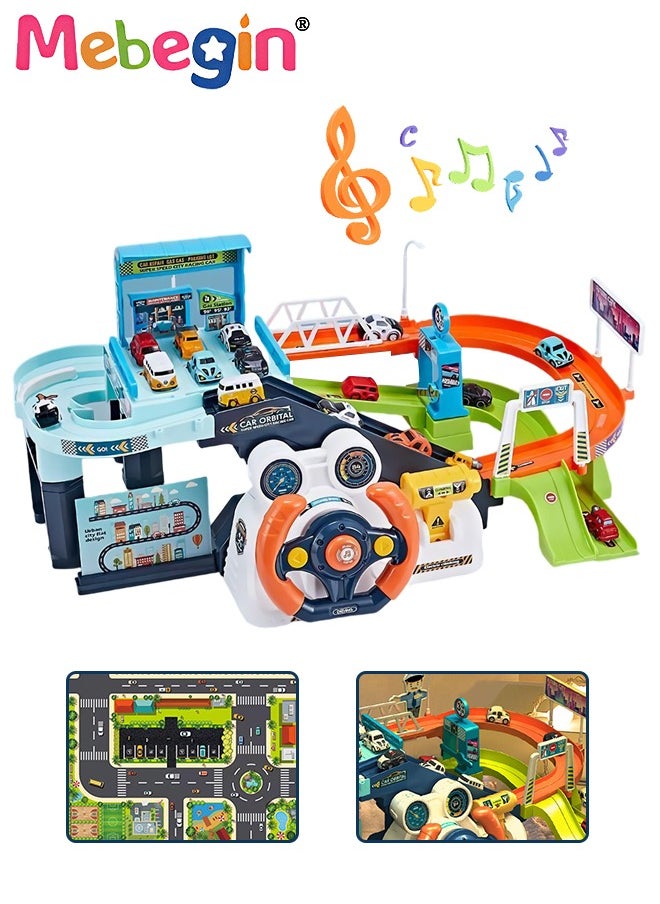 Electric Steering Wheel Garage Toy Set with Music Car Vehicle Building Parking Lot Race Tracks for Kids with 4 Random Cars City Traffic Track Cars for Preschool Gifts