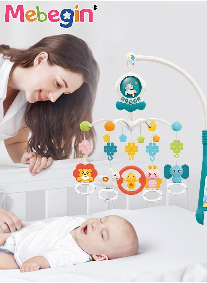 Multi-Function Electric Musical Baby Crib Mobile with Lights and Teether Rattle, 360° Hanging Rotating Animals Rattles Teether Toys with Lullaby