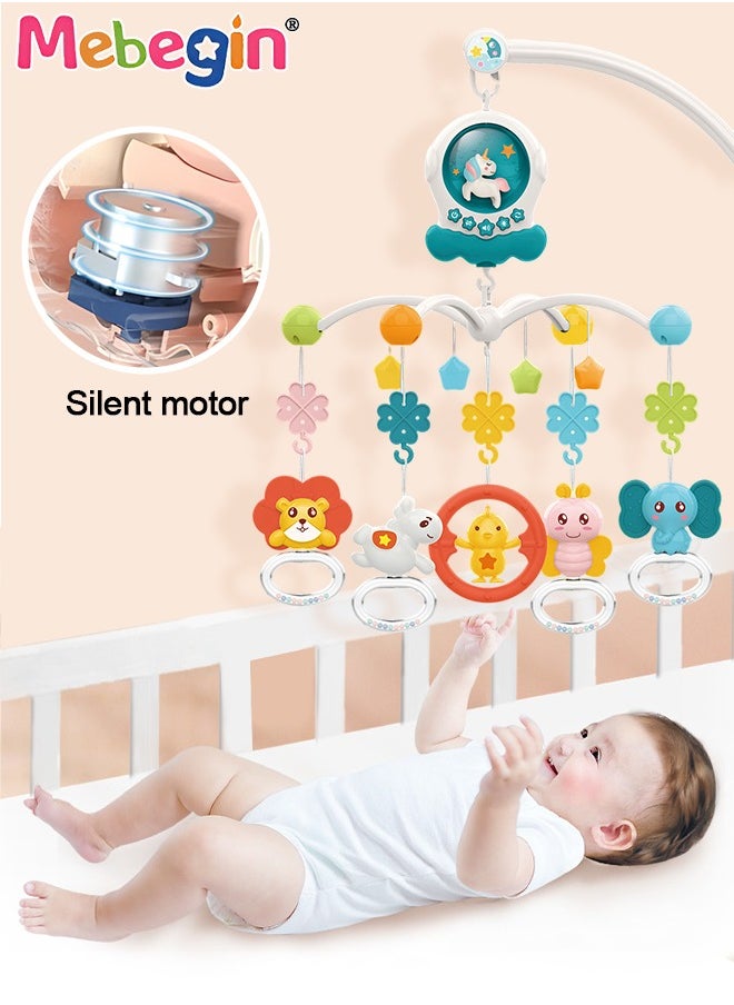 Multi-Function Electric Musical Baby Crib Mobile with Lights and Teether Rattle, 360° Hanging Rotating Animals Rattles Teether Toys with Lullaby