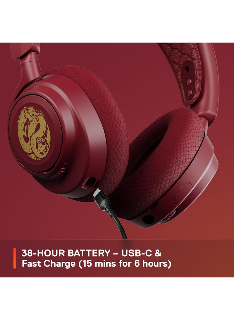 Arctis Nova 7 Dragon Edition Gaming Headset - 40mm Neodymium Drivers, 38 Hours Battery Life, 2.4GHz Quantum 2.0 Wireless + Bluetooth, 360° Spatial Audio, ClearCast Gen 2 Noise Cancelling Mic, ChatMix Dial (PC), USB-C Fast Charging, Retractable Boom Mic, Multi-Platform Compatibility (PC, PS5, PS4, Switch, Steam Deck, Mobile, Oculus Quest 2) | 61557