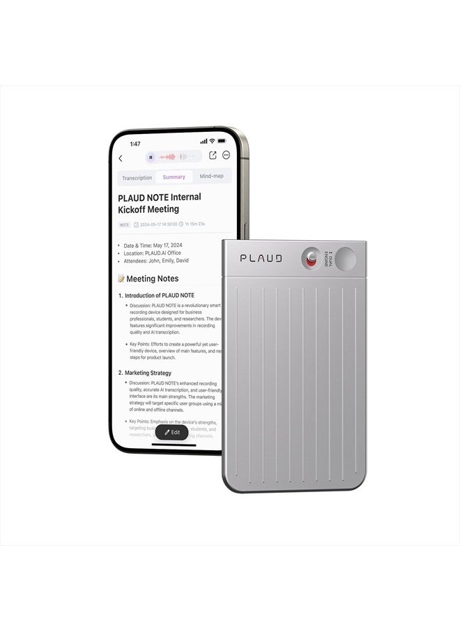 AI Voice Recorder, PLAUD Note Voice Recorder w/Case, App Control, Transcribe & Summarize Empowered by ChatGPT, Support 59 Languages, 64GB Memory, Audio Recorder for Lectures, Meetings, Calls, Silver