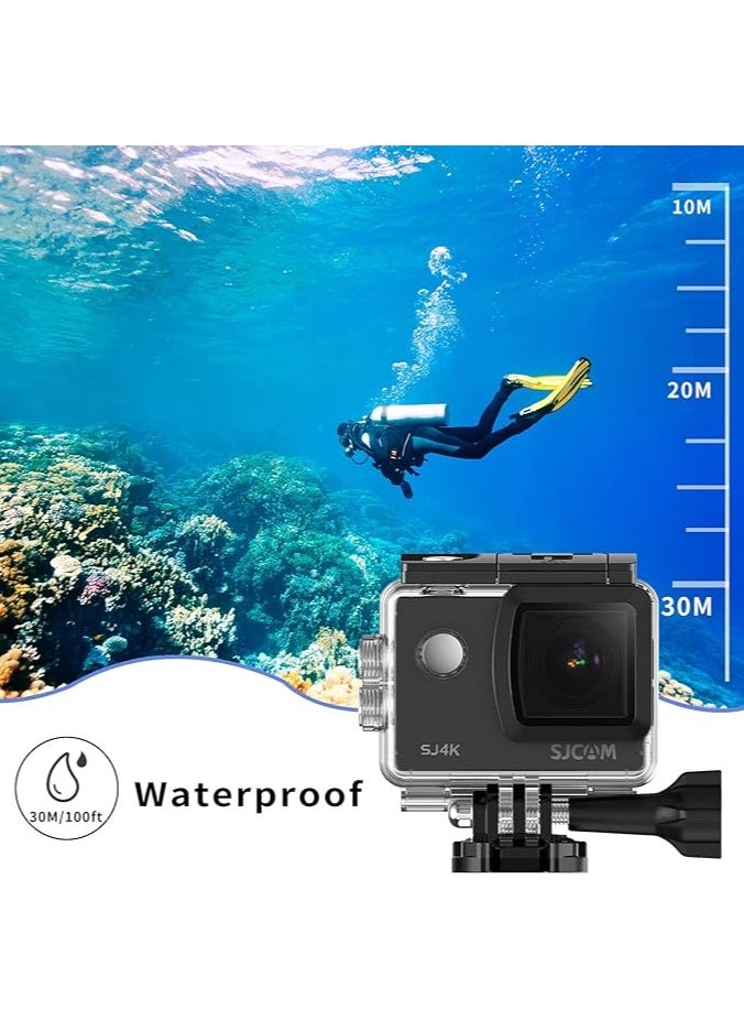 SJCAM SJ4000 40MP WiFi Action Camera, Ultra HD with EIS 170°FOV 5X Zoom 30m Waterproof Underwater Camera with 2 Batteries, 32g SD Cards and Helmet Accessories Kit