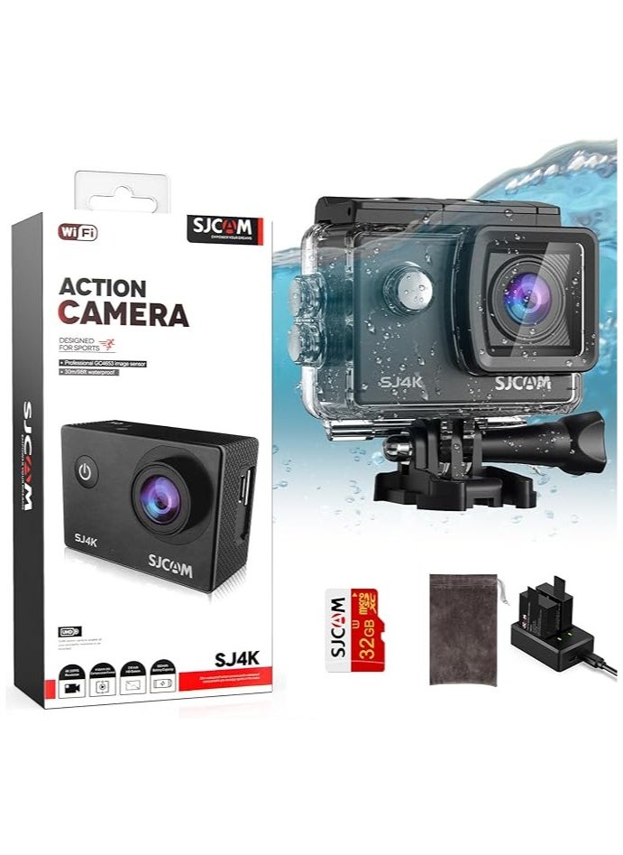 SJCAM SJ4000 40MP WiFi Action Camera, Ultra HD with EIS 170°FOV 5X Zoom 30m Waterproof Underwater Camera with 2 Batteries, 32g SD Cards and Helmet Accessories Kit