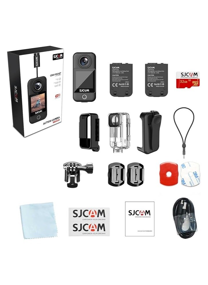 SJCAM C300 Pocket Action Camera,4K Body Camera, Stabilization, Waterproof, Touch Screen, Small Wearable, Mini POV Camera, Removable Dual Battery, with Helmet Mount Kits, Black