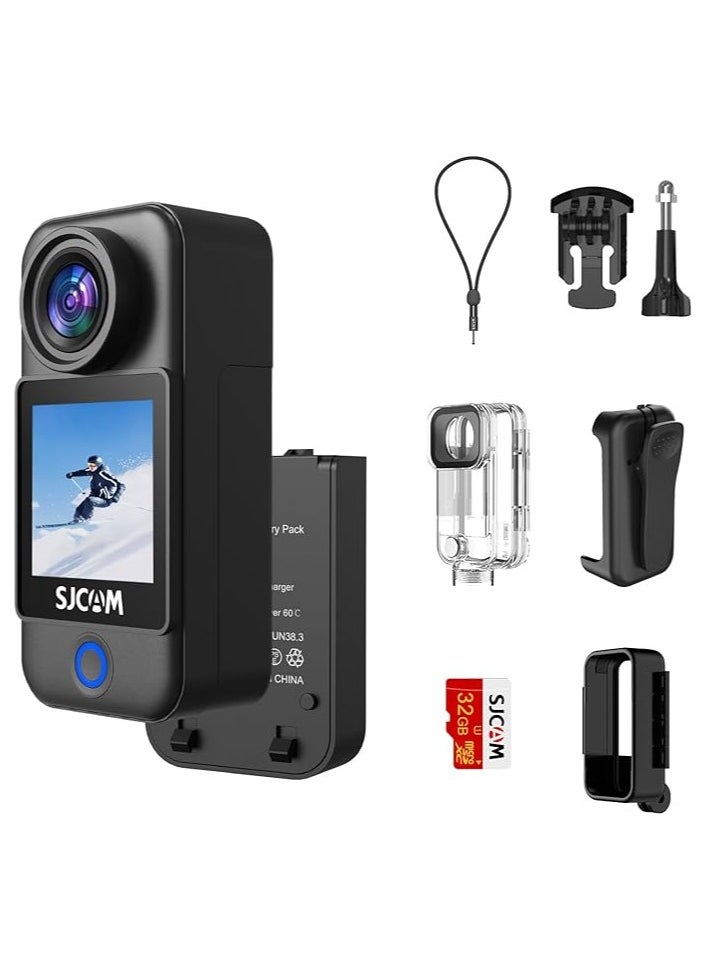 SJCAM C300 Pocket Action Camera,4K Body Camera, Stabilization, Waterproof, Touch Screen, Small Wearable, Mini POV Camera, Removable Dual Battery, with Helmet Mount Kits, Black